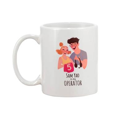 A mug with a cartoon drawing of Runner 5 and Sam Yao and the caption 'Sam Yao is my Operator'