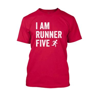 Red t-shirt with white text reading 'I Am Runner Five'